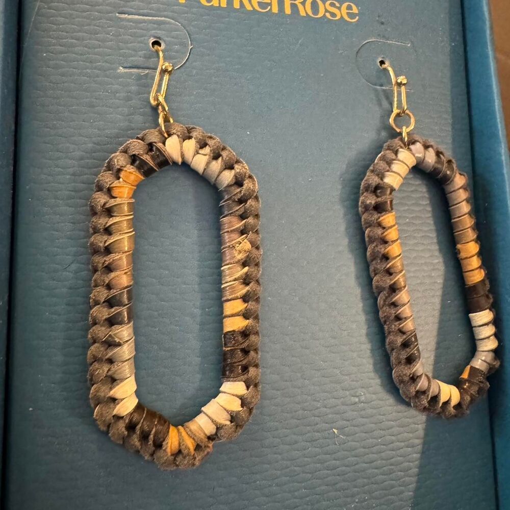 Parker Rose Oval Woven Drop Earrings Brown Neutral Boho Dangle - Picture 4 of 6